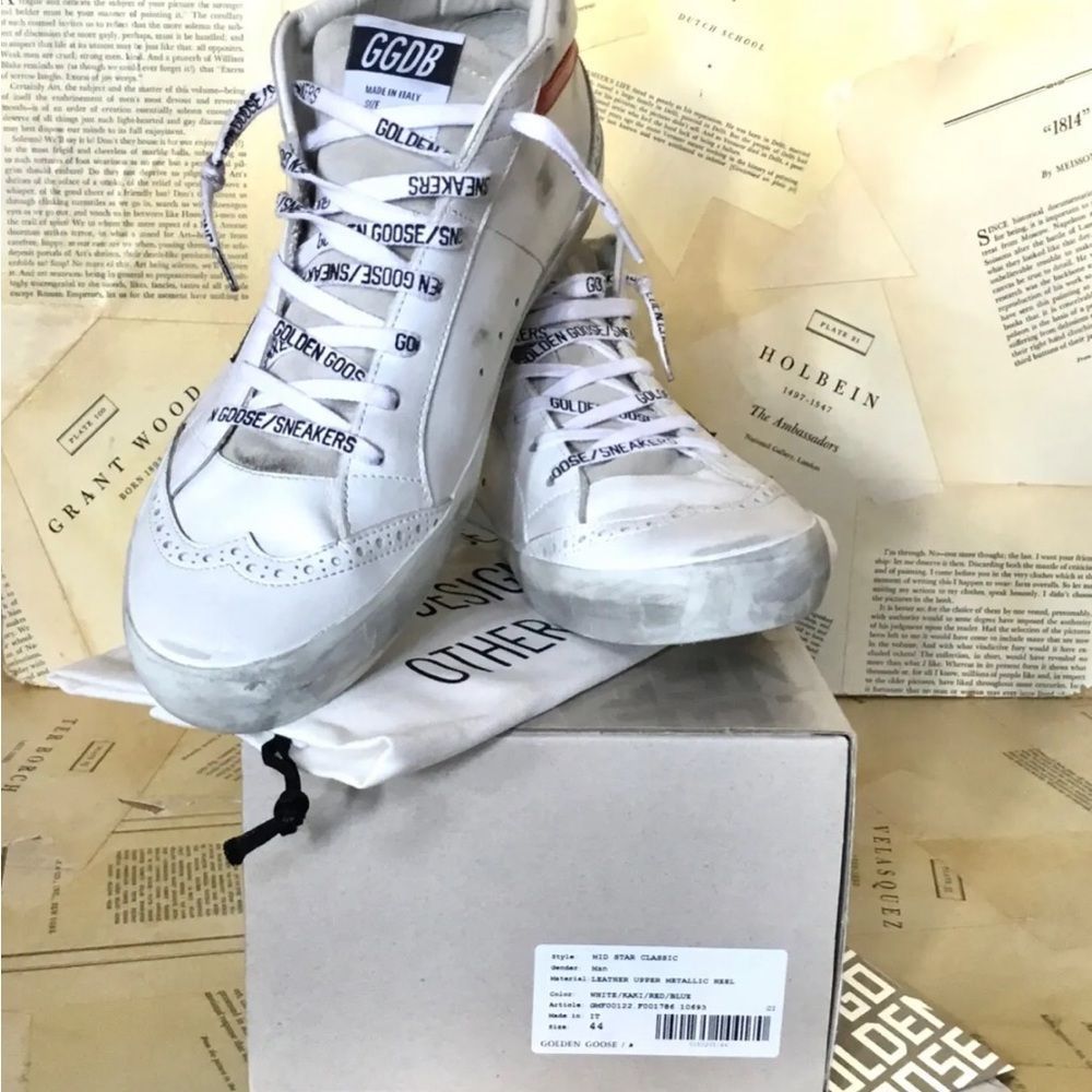 Golden Goose Mid Star White Leather Khaki Star Blue Red Logo Lace - Picture 3 of 9